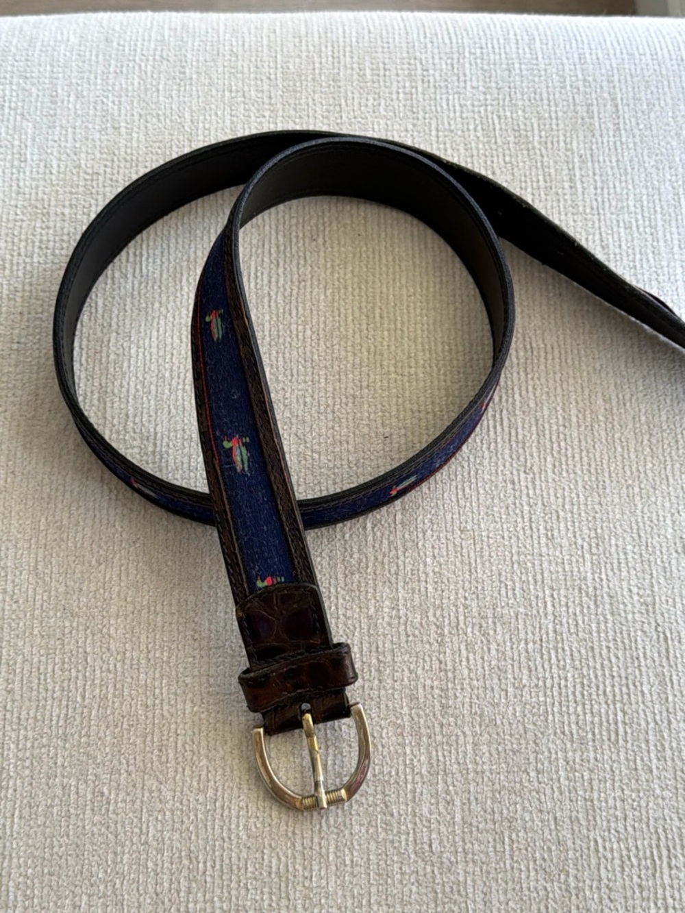 Womens Navy Embroidered Leather Trim Belt